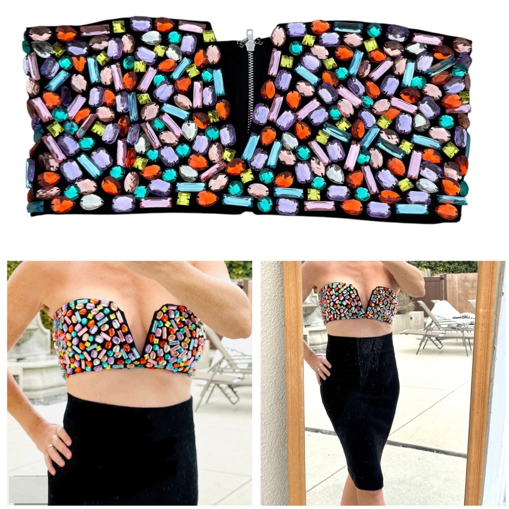 REHAB LAB rhinestone bustier bra crop top bralette strapless black colorful M